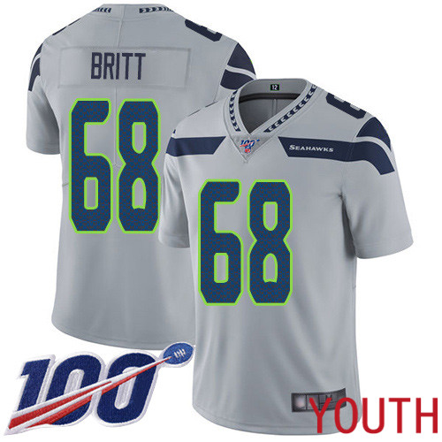 Seattle Seahawks Limited Grey Youth Justin Britt Alternate Jersey NFL Football 68 100th Season Vapor Untouchable